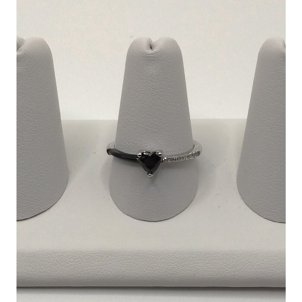 Black Heart CZ Ring Adjustable Stainless Steel Enamel Silver